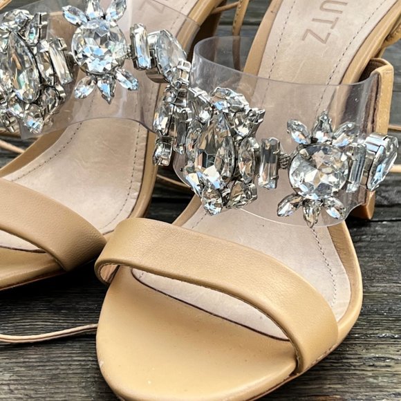 SCHUTZ Crystal Rhinestone Embellished Strappy Heels Nude Tan 6.5 - Picture 4 of 14